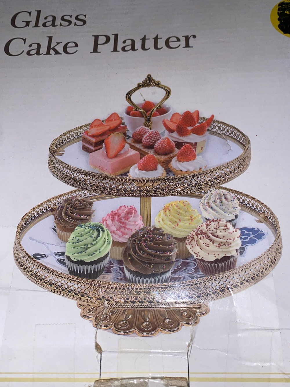 NWT’s 2-Tiered Glass Cake / Cupcakes Platter - Gold Tone Trimming - Picture 4 of 5
